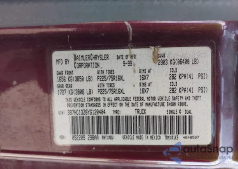 2000 Dodge Ram 1500 St из США, поврежденный, VIN 3B7HC13Z6YG120404